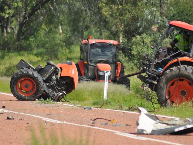 The scene of a fatality involving a tractor mower and a B double truck on the Gregory Developmental Rd, 60km south of Charters Towers, on Friday, March 13, 2020.