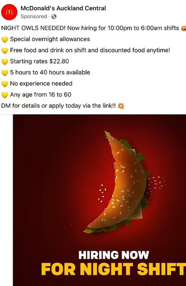 A NZ Maccas has been slammed over “bizarre” job ad. Picture: Facebook/McDonald’s Auckland Central