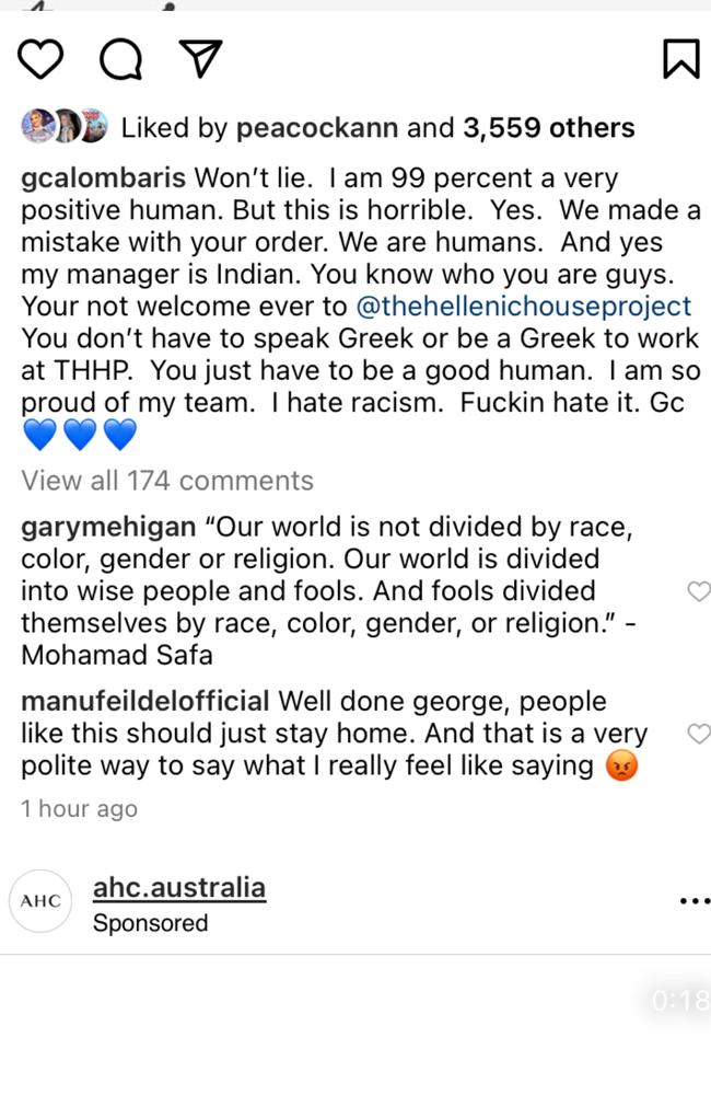 George Calombaris gives it back to customer who's review was seen as racist by the chef – fellow chefs back George up. Source Instagram