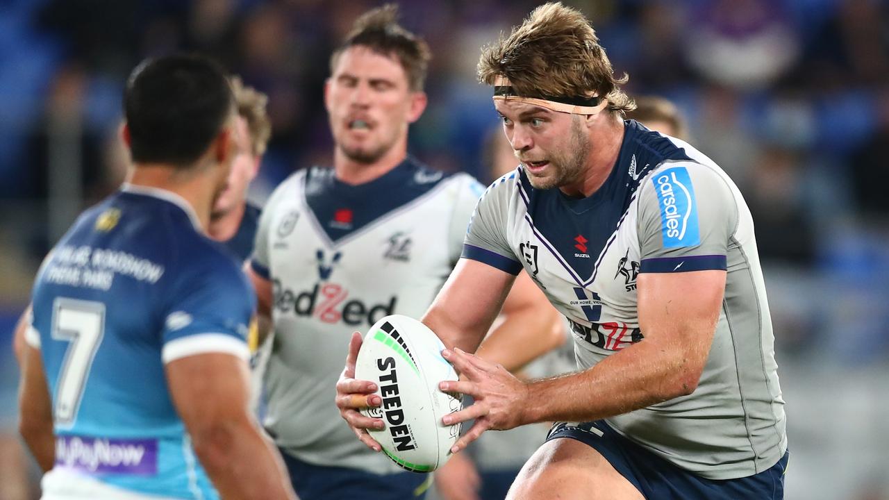 Christian Welch on the charge for the Melbourne Storm. Picture: Chris Hyde/Getty Images