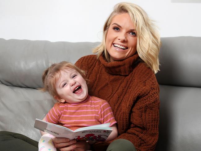Erin Molan pictured at home in Sydney with daughter Eliza. Picture: Jonathan Ng