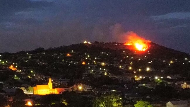 A grass fire ignited near Centenary Tower in Mount Gambier in the early hours of Tuesday morning. Picture: Supplied / Limestone Coast Community News