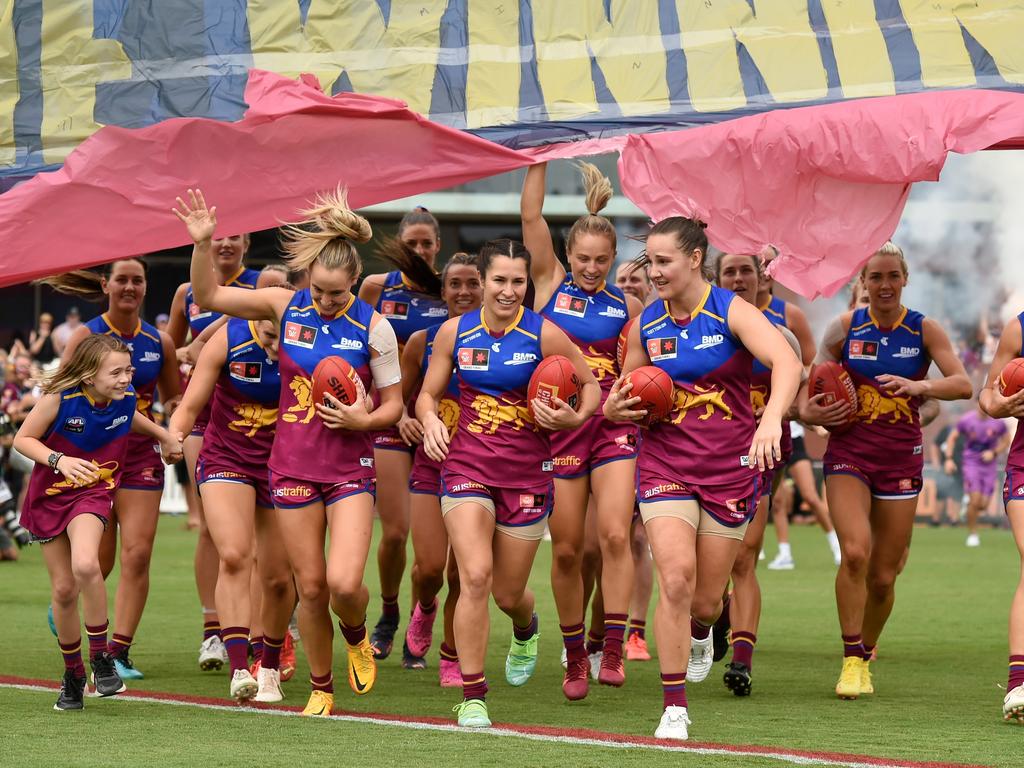 Breanna Koenen of the Lions leads her team out during the AFLW Grand Final match between the Brisbane Lions and the Melbourne Demons at Brighton Homes Arena. (Photo by Matt Roberts/AFL Photos/Getty Images)
