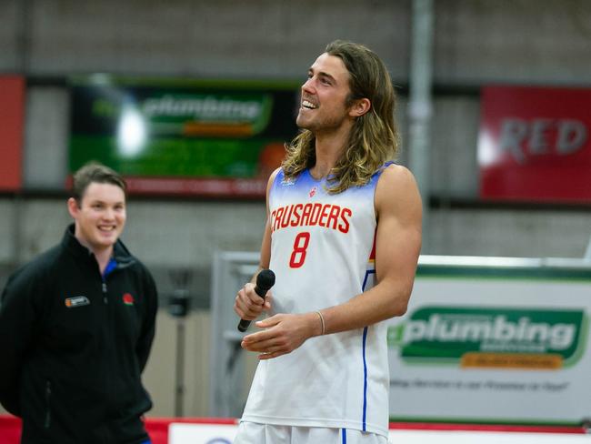 Captain Ollie Robillard addresses the crowd. Picture: Narelle Spangher