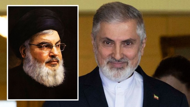 Iran’s ambassador to Australia Ahmad Sadeghi and, inset, Hassan Nasrallah.