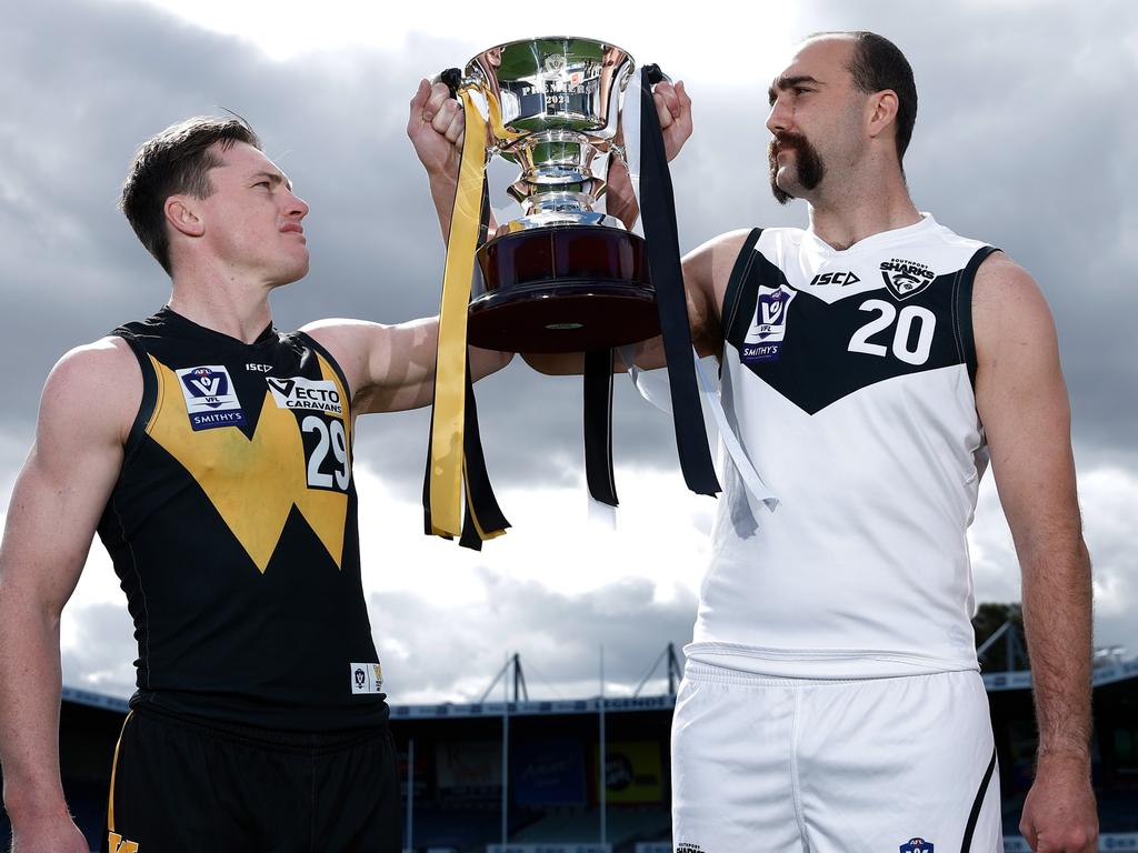 Werribee captain Dom Brew (left) with Southport skipper captain Brayden Crossley before the VFL grand final. Picture: Michael Willson/AFL Photos