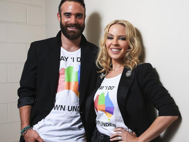 Kylie Minogue and Joshua Sasse were vocal about same-sex marriage, vowing not to wed until it was legal in Australia. Picture: Dylan Robinson