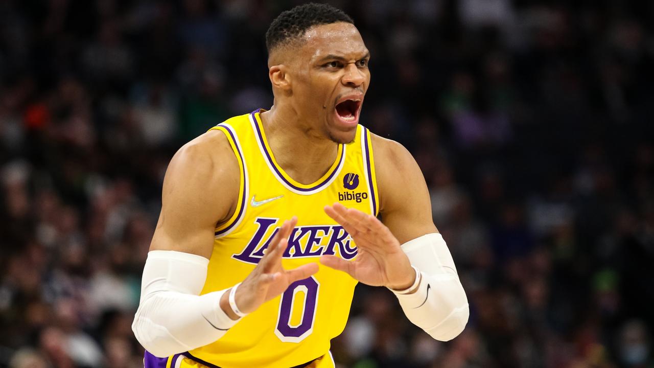 MINNEAPOLIS, MN - MARCH 16: Russell Westbrook #0 of the Los Angeles Lakers reacts after getting called for a foul against the Minnesota Timberwolves in the fourth quarter at Target Center on March 16, 2022 in Minneapolis, Minnesota. The Timberwolves defeated the Lakers 124-104. NOTE TO USER: User expressly acknowledges and agrees that, by downloading and or using this Photograph, user is consenting to the terms and conditions of the Getty Images License Agreement. (Photo by David Berding/Getty Images)