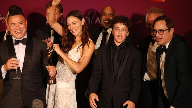 Winner with a humble backstory … Trent Dalton (right) with Boy Swallows Universe stars at the AACTA Awards on February 7, 2025. Picture: Annette Dew.