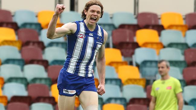 Ben Brown of the Kangaroos celebrates a goal during the round 8