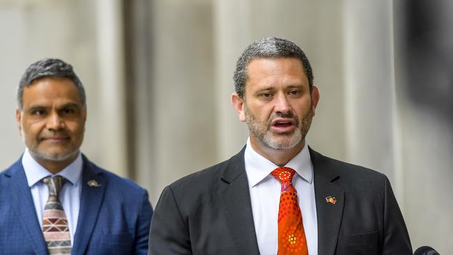 Aboriginal Affairs Minister Kyam Maher, right, with Dale Agius, Commissioner for First Nations Voice to Parliament. Picture: Roy VanDerVegt