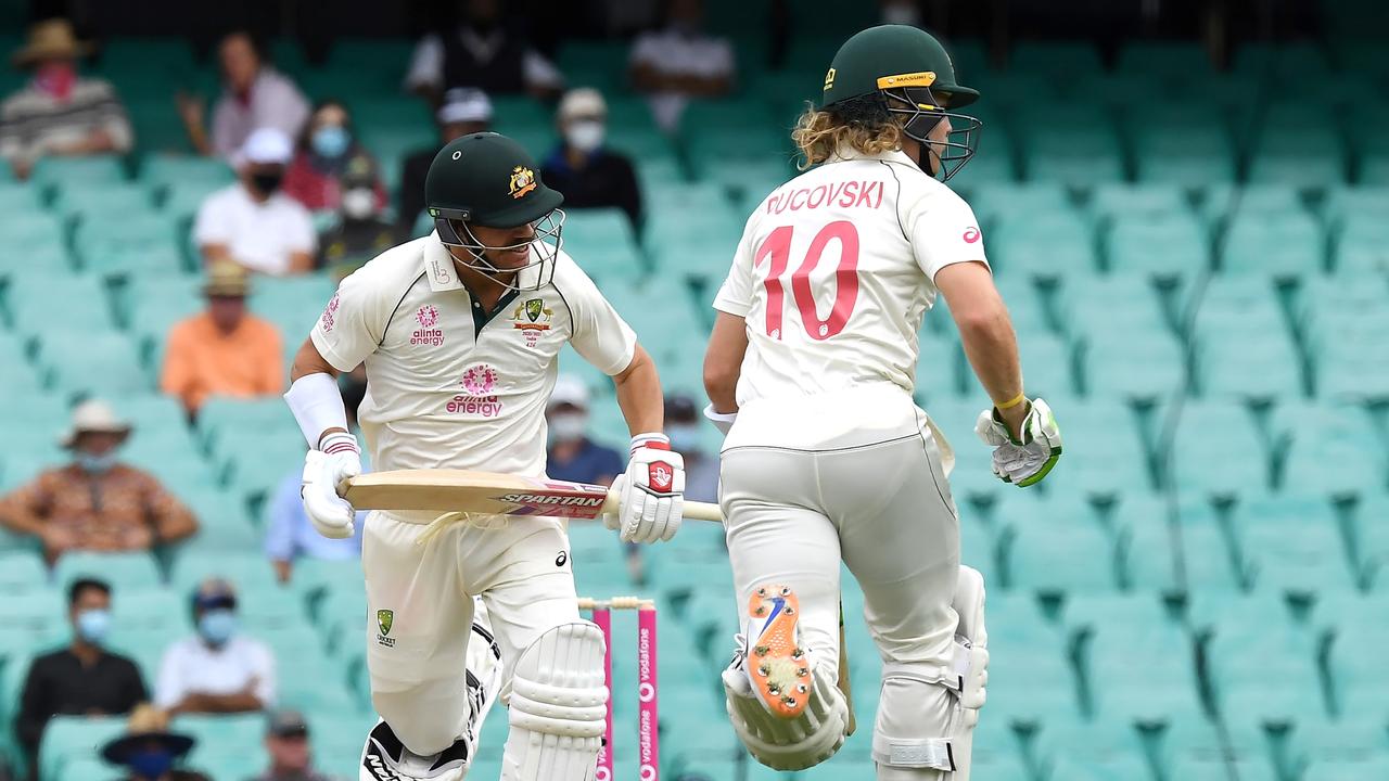 David Warner and Will Pucovski batting together for Australia, a partnership Warner would like to see continue. Picture: Speed Khan / AFP