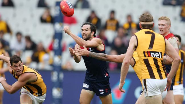 Jordan Lewis made a big play late for the Demons. Picture: Michael Klein