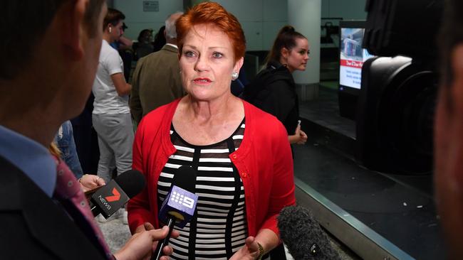 One Nation Leader Senator Pauline Hanson speaks after arriving at Brisbane Airport. Picture: AAP.