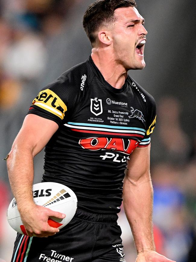 Nathan Cleary of the Panthers celebrates after scoring the match winning try during the 2023 NRL Grand Final match. (Photo by Bradley Kanaris/Getty Images)