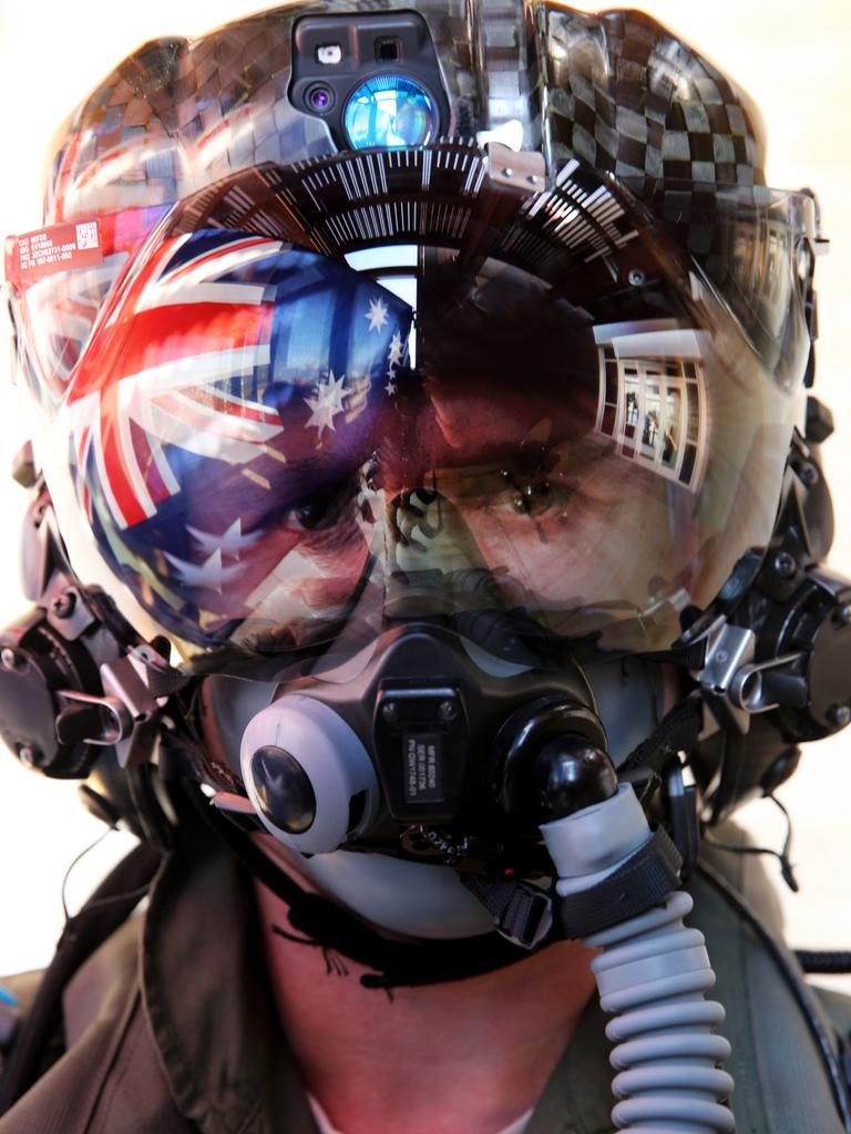 Australian Pilots training in the F35 fighter Jets Luke Airforce Base in Phoenix Arizona. Squadron leader Chris Baker with the Million dollar flight helmet. Picture: Nathan Edwards