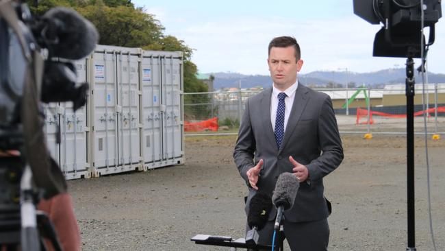 Labor's Dean Winter speaks to the media at Macquarie Point on Monday, October 17, 2022..