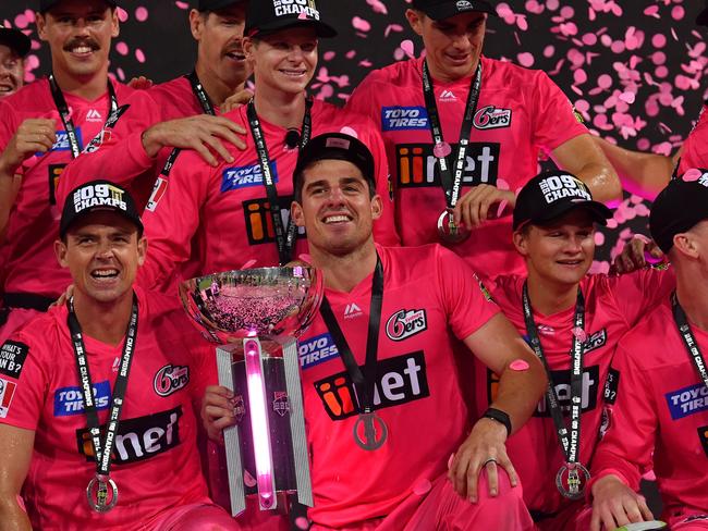 The Sydney Sixers celebrate their win over the Melbourne Stars in the Big Bash League (BBL) cricket Final between the Sydney Sixers and Melbourne Stars at the SCG in Sydney, Saturday, February 8, 2020. (AAP Image/Dean Lewins) NO ARCHIVING, EDITORIAL USE ONLY, IMAGES TO BE USED FOR NEWS REPORTING PURPOSES ONLY, NO COMMERCIAL USE WHATSOEVER, NO USE IN BOOKS WITHOUT PRIOR WRITTEN CONSENT FROM AAP