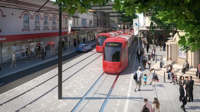 An artist impression of the Parramatta Light Rail train stopping at Macquarie St, Parramatta.