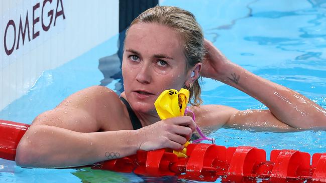 NANTERRE, FRANCE - JULY 29: Ariarne Titmus of Team Australia reacts after winning silver in the WomenÃ¢â¬â¢s 200m Freestyle Final on day three of the Olympic Games Paris 2024 at Paris La Defense Arena on July 29, 2024 in Nanterre, France. (Photo by Clive Rose/Getty Images)