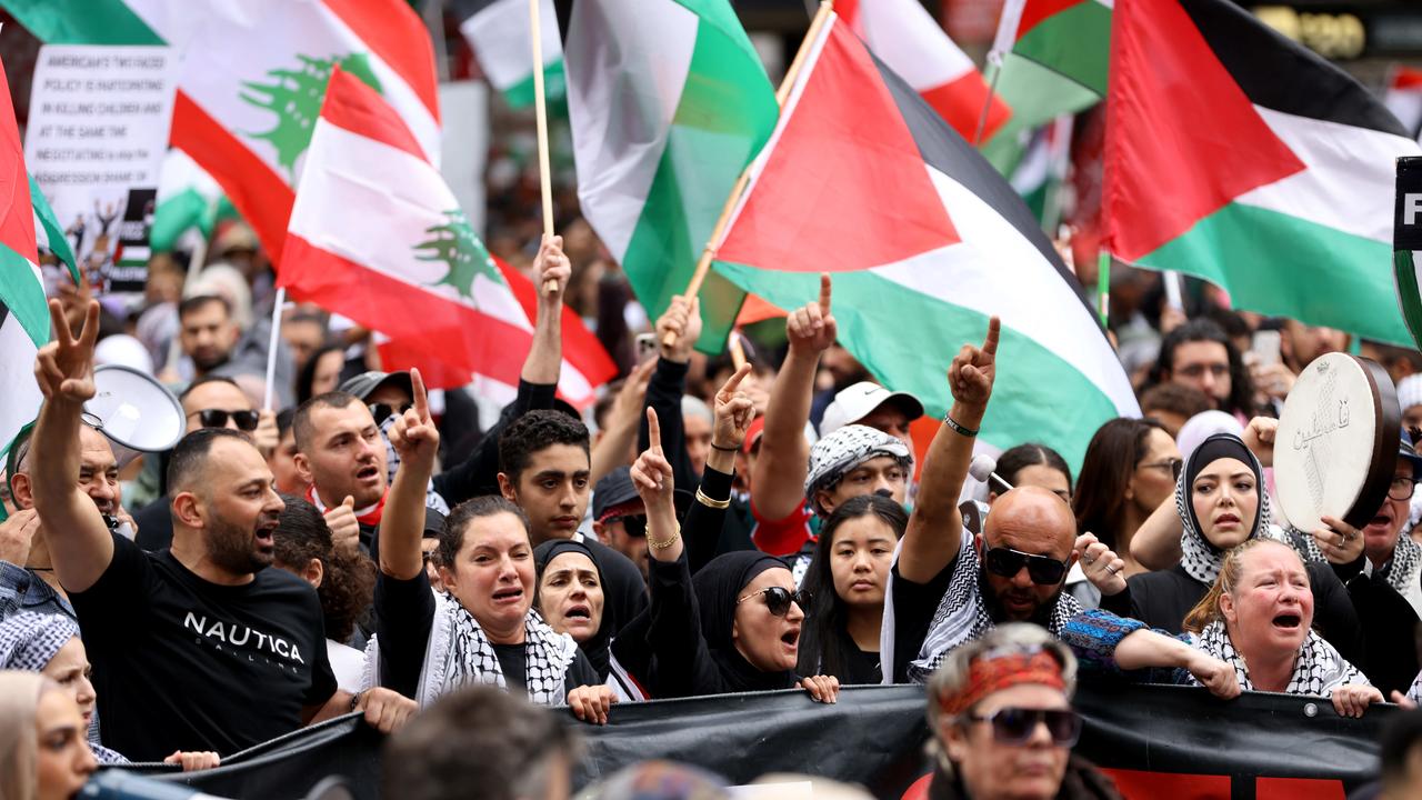 Protests in both Melbourne and Sydney were calling for peace in the wake of an end to overnight airstrikes against Hezbollah targets in Beirut.Picture: NewsWire / Damian Shaw