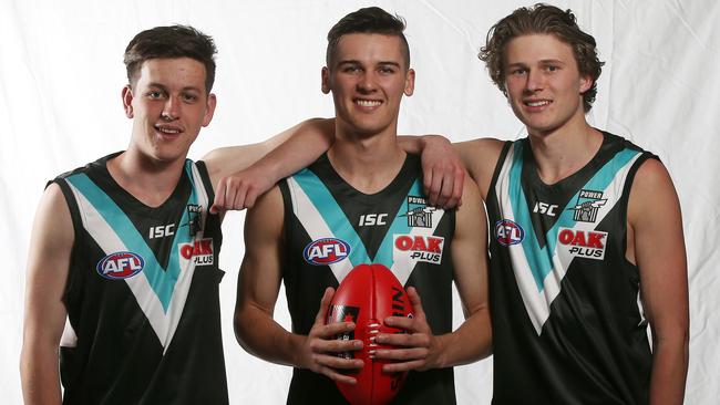 Port Adelaide’s three top-20 picks last year – Zak Butters, Connor Rozee and Xavier Duursma. Picture: Michael Klein