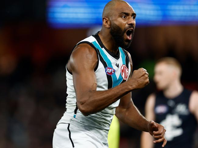 MELBOURNE, AUSTRALIA - JULY 26: Esava Ratugolea of the Power celebrates a goal during the 2024 AFL Round 20 match between the Carlton Blues and the Port Adelaide Power at Marvel Stadium on July 26, 2024 in Melbourne, Australia. (Photo by Michael Willson/AFL Photos via Getty Images)