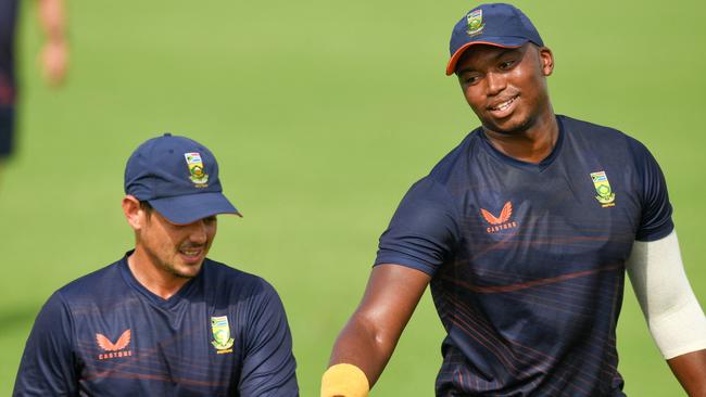 South Africa's Quinton de Kock, left, and his teammate Lungi Ngidi in practice before the West Indies Picture: AFP