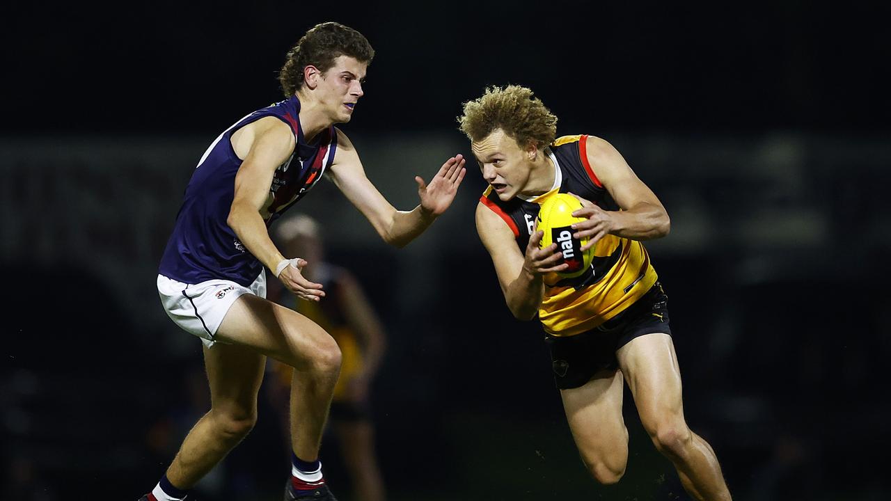 Taj Campbell-Farrell (right) topped the SuperCoach charts in round 8. Picture: Daniel Pockett/AFL Photos/via Getty Images