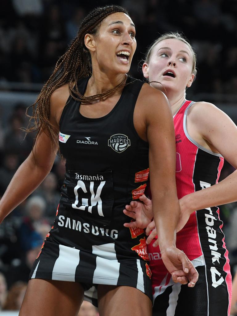 Geva Mentor (left) finished her time in Australia with the Magpies – but is still going strong in England. Picture: Getty