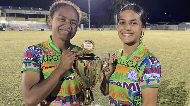 Cairns Wanderers star duo Bulou Alesi Lutumailagi (left) and Jaeda Morato celebrating the minor premiership. Picture: Cairns Wanderers