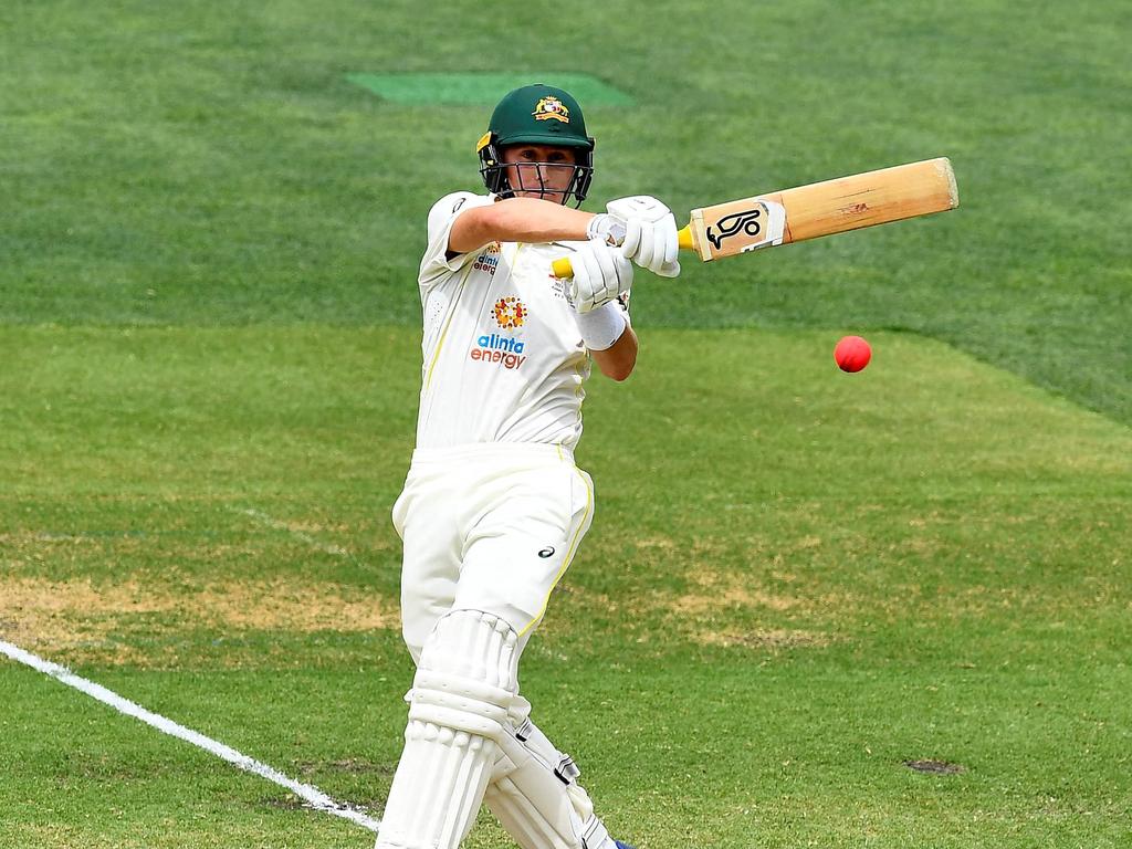 Labuschagne plays a similar pull shot at the same ground he made his first-class debut at all those years ago. This time with a phenomenal Test record already next to his name. Picture: William West/AFP