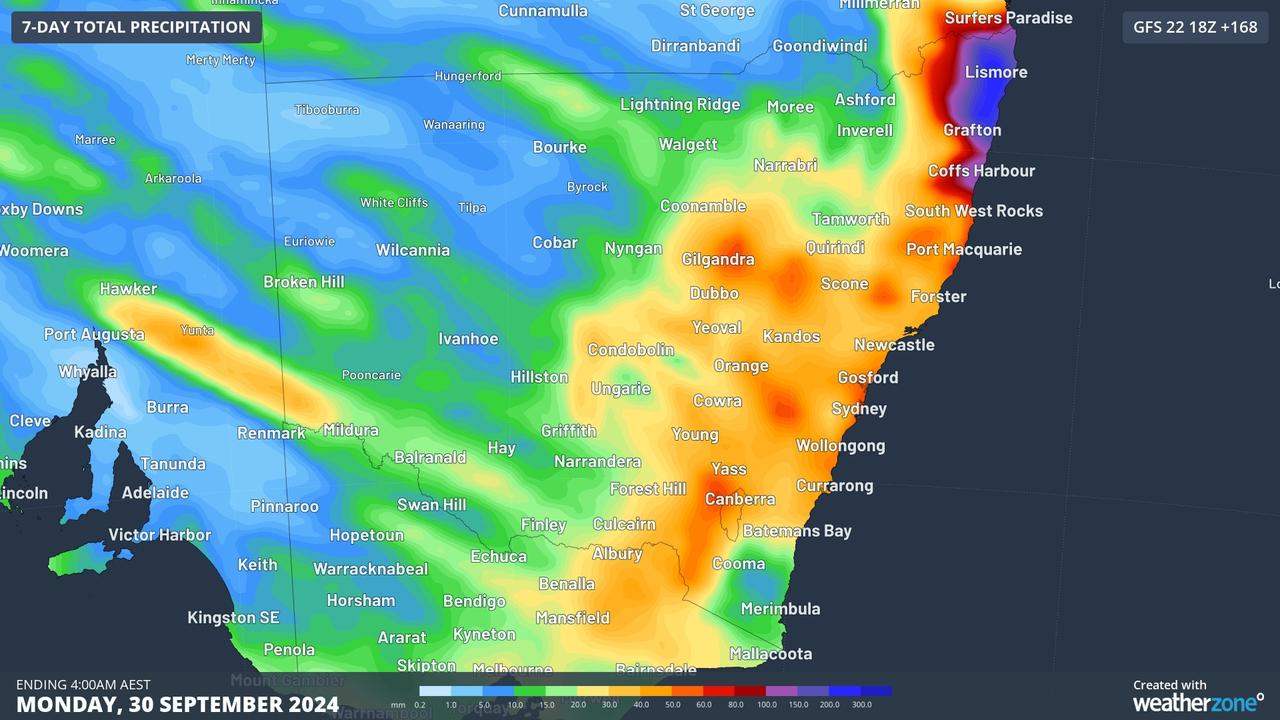 Seven day rainfall forecasts, according to America's Global Forecast System model. Picture: WeatherZone