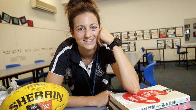 Collingwood captain Steph Chiocci in a class room where she teaches at Parkdale Secondary College. Picture: David Geraghty