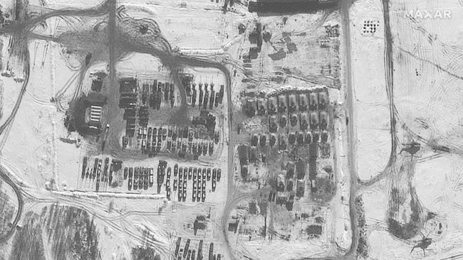 Maxar satellite image shows battle group deployment and troop tents at Valuyki, Russia, approximately 27kms east of the border with Ukraine. Picture: Maxar Technologies / AFP