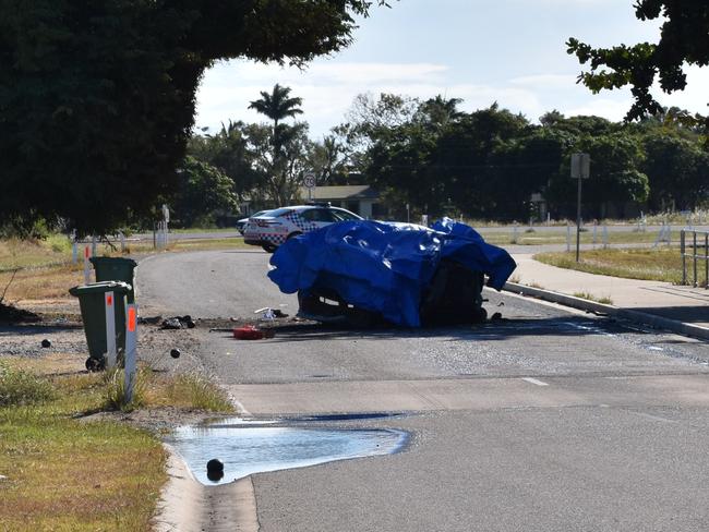 Police blocked off Queens Road, Bowen, between Kings Beach Road and King Street after a car crash on Wednesday morning. Picture: Kirra Grimes