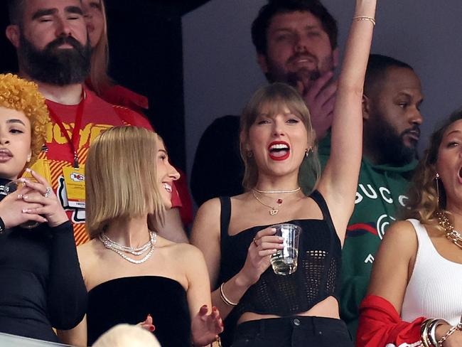LAS VEGAS, NEVADA - FEBRUARY 11: Rapper Ice Spice, Singer Taylor Swift and Actress Blake Lively react prior to Super Bowl LVIII between the San Francisco 49ers and Kansas City Chiefs at Allegiant Stadium on February 11, 2024 in Las Vegas, Nevada. (Photo by Ezra Shaw/Getty Images)