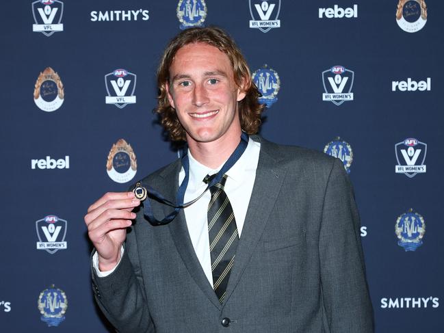 Sam Clohesy posing after his VFL Round-Fothergill medal win in 2023. Picture: Graham Denholm/AFL Photos via Getty Images