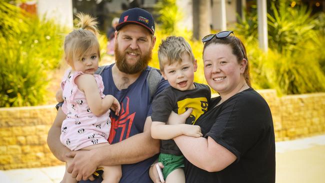 Munno Para West family Jake and Kelsey Shepperd, with kids Millie 2 and Harrison 3 said local jobs could be at risk with this latest announcement. Picture: Roy VanDerVegt