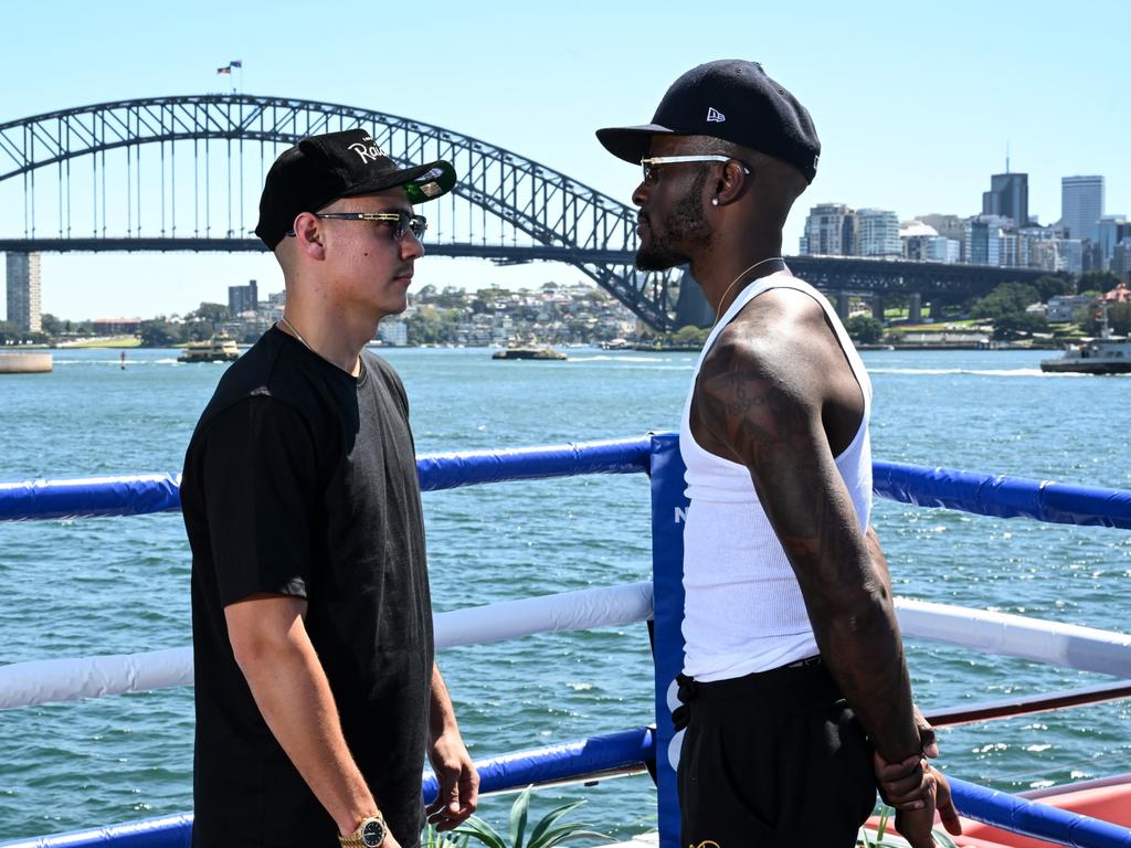 Tim Tszyu and Tony Harrison face off at Sydney Harbour. Picture: Grant Trouville