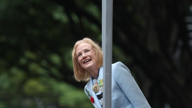 Old Governor Jeannette Young at the Anzac Day Parade. Trying to see the hidden planes. Pic: Annette Dew