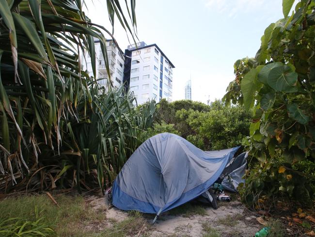 A makeshift campsite on the beach at Surfers Paradise hidden from view from the walkway behind bushes next to Sydney Hamilton park where it is believed homeless people reside. picture Glenn Hampson