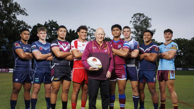 Phil Hall (centre) with Langer Trophy team leaders Kena Finau (Mabel Park HS), Jack Cameron (Redcliffe SHS), Chris Faagutu (Marsden SHS), Tanu Nona (PBC SHS), Karl Oloapu (Wavell SHS), Lewis Symonds (Coombabah SHS), Josiah Pahulu (Ipswich SHS), and Seth Nikotemo (Keebra Park SHS). Picture Lachie Millard