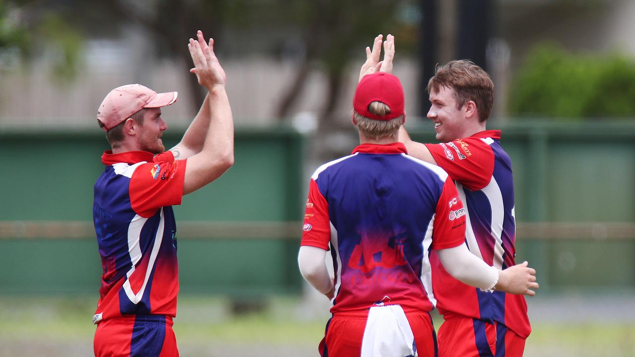 Mulgrave bowler Blake Raper (right) celebrates his third wicket with his teammates in the Cricket Far North Grand Final match between Rovers and Mulgrave, held at Griffiths Park. Picture: Brendan Radke