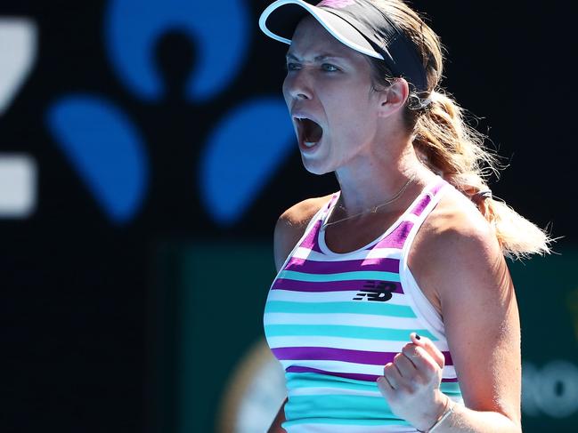 Danielle Collins celebrates her stunning win against Angelique Kerber. Picture: Getty Images