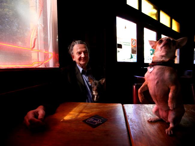 Playright Louis Nowra with dogs Coco and Basil at the Old Fitzroy Hotel. Picture: Sam Mooy