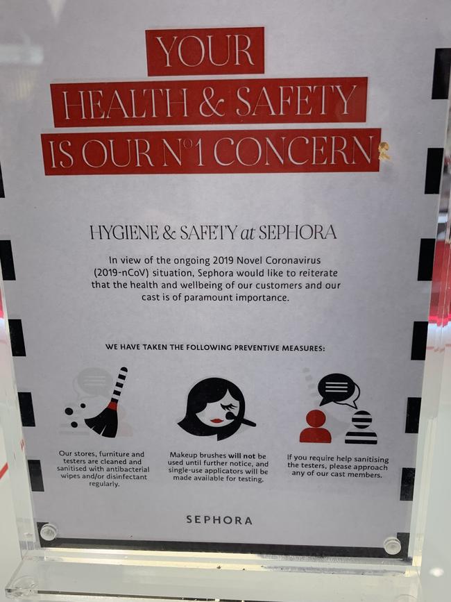 A sign at Sephora in Rundle Mall saying its beauty services are suspended as a precaution against the deadly coronavirus. Picture: Supplied