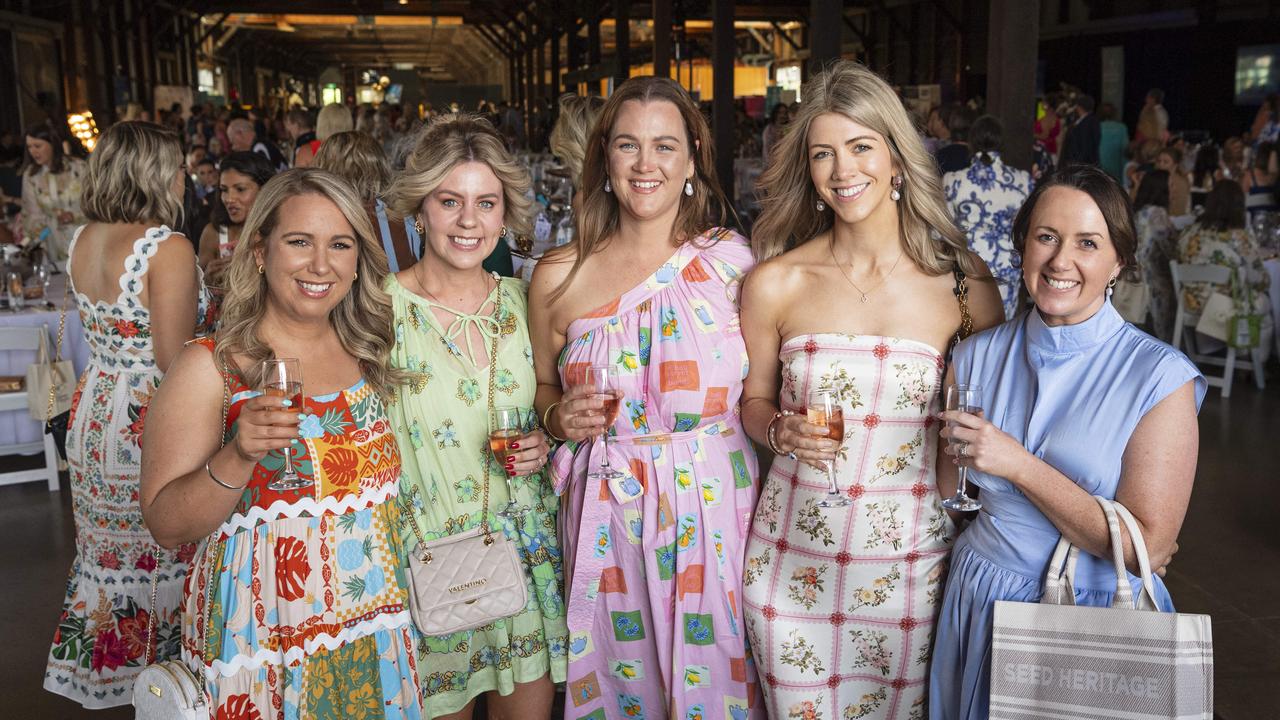 At the Ladies Diamond Luncheon are (from left) Kayla Ferguson, Casey Child, Tammie Swalling, Sarah Hinrichsen and Montana Kelly hosted by Toowoomba Hospital Foundation at The Goods Shed, Friday, October 11, 2024. Picture: Kevin Farmer