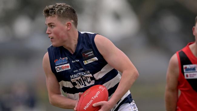 MacedonÃs Samuel Indian during the RDFL Western Rams v Macedon football match in Rockbank, Saturday, June 3, 2023. Picture: Andy Brownbill