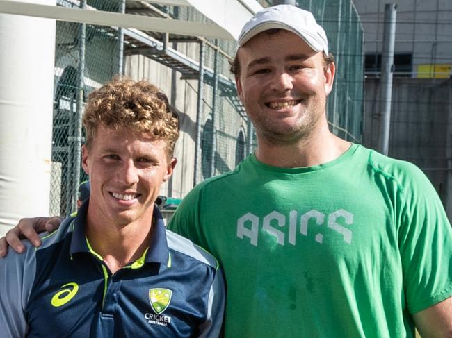 Queensland Reds and Wallabies players Fraser McReight and Harry Wilson with Australian batsman Nathan McSweeney Picture Queensland Reds